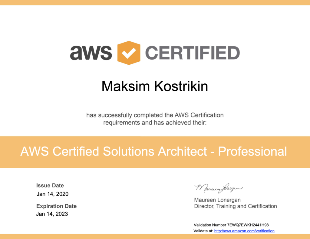Maksim Kostrikin – AWS Certified Solutions Architect Professional